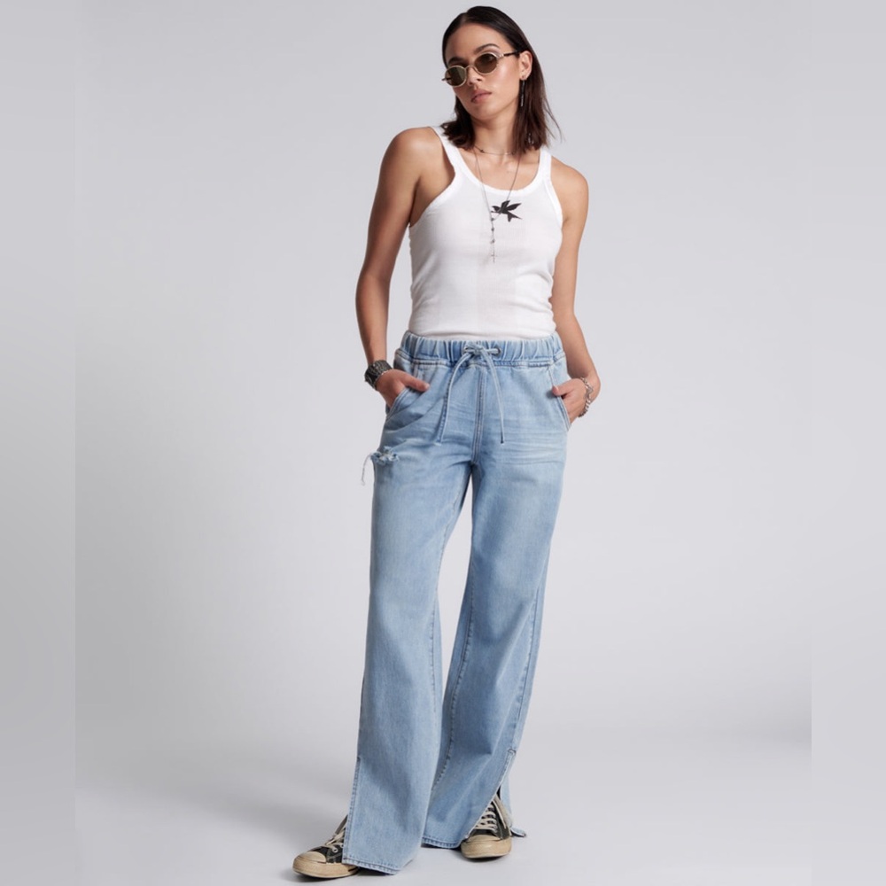 One Teaspoon Women’s Size XS Roadhouse Wide Leg Drawstring Denim Blue Jeans NWT